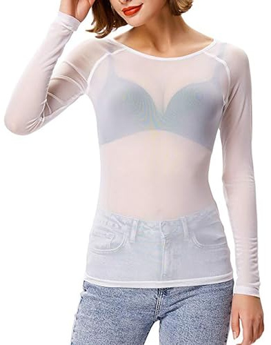 2024 Maglietta Donna Trasparente Camicia Mesh Tops Camicette Manica Lunga Maglie in Rete Tunica Bluse Elegante Casual Shirts Sexy Clubwear Casual Leggera Trasparente Tops Slim Fit T Shirt in Tulle