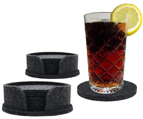 SILUK Filzuntersetzer Rund für Gläser 12er Set (2x6 Stück)., Glasuntersetzer in Dunkelgrau für Getränke, Bar, Tassen, Tischuntersetzer Getränkeuntersetzer mit Halter-Korb Geschenk