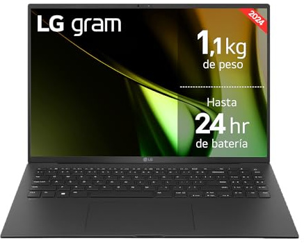 LG gram 16ZD90S-G.AX75B - Portátil Ultraligero de 40.6 cm (16) 2560x1600, Panel IPS Antirreflejo, Intel Core Ultra 7, 16 GB RAM, 512GB SSD, 1199 g, Batería 24 Horas, FreeOS, Negro Obsidiana
