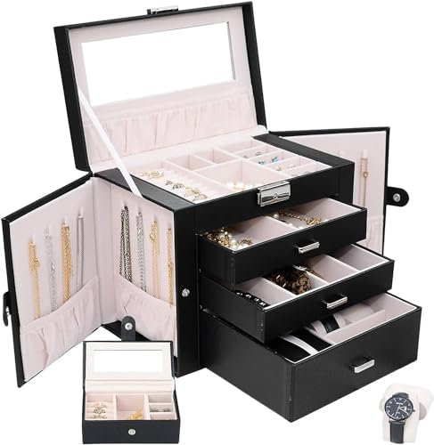 OUUTMEE 4 Tiers Jewellery Box Organiser for Women Girls, Large PU Leather Jewellery Storage Case with 3 Drawers, Lockable Jewellery Storage Organiser with Mirror for Necklace Earring Ring Watch(Black)
