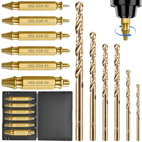 Tomorotec 12-Piece Damaged Screw Extractor Set for DIY & Professional Use, HSS 4341 Titanium Alloy Hardened Steel Stripped Screw Remover Kit with Drill Bits, 6 Screw Extractors and 6 Twist Drill Bits