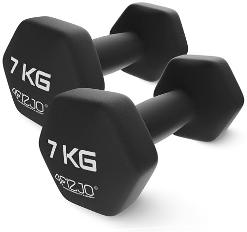 4FIZJO Hantelset CLASSIC 2x7 kg, Gusseisenhanteln mit Neoprenbeschichtung, Kurzhanteln, Gewichte, Dumbbell frauen, Angenehm anzufassen, Aerobic-, Ausdauer- und Rehabilitationstraining, Farbe: Schwarz