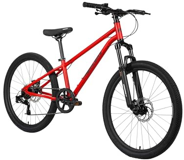 FabricBike Terra - Bicicleta de montaña de Aluminio 24 Pulgadas de 8 a 11 años, Bicicleta MTB, Freno de Disco, Cambio de 7 velocidades, Suspensión Delantera. (Matte Red)