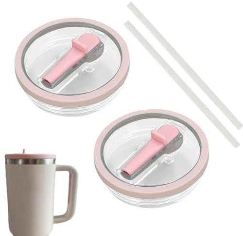 Ersatzdeckel für 40oz Becher, 2 Stück Wiederverwendbarer Auslaufsichere und Staubdichte Tumbler Abdeckungen Becher mit Strohhalm Deckel Ersatzdeckel für Stanley Cup Zubehör (Rosa 4)