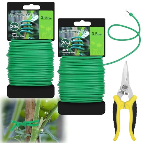 2pcs Alambre para Plantas Lazos 3.5mm x 20m, Alambre de Atar Plantas con Schneider, Cuerda de Alambre Verde Lazos de Torcedura, Ideal para Atar Rosales Trepadores y Soporte de Plantas en el Jardín