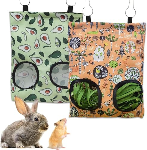 2 Pieza Bolsa de Heno, 2 Agujeros Comedero de Heno Bolsa de Alimentación de Henos, Alimentador de Henos Comedero de Henos Colgante para Conejo Hamster Animales