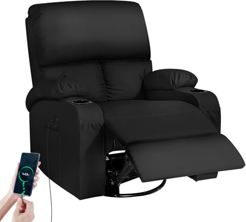 Moonlight Manor Silla reclinable Rocking Sillón de Masaje con Vibración y Calor Conectores USB y Tipo C Sillas de Piel Sintética Giratoria 360° Salón Dormitorio Habitación Infantil RV, Negro