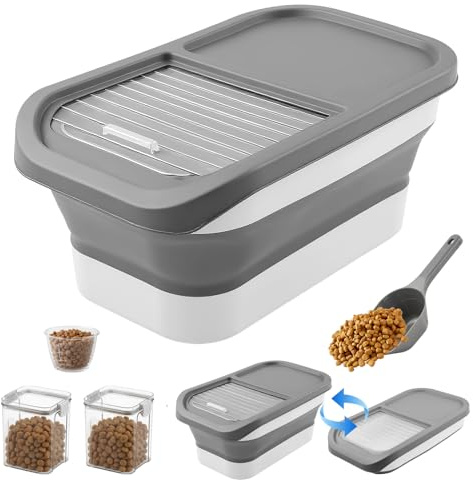 Contenedor de Comida para Mascotas,7 kg Cubo Plegable para Pienso de Perro Gato con Taza Medidora,Cuchara,2 Recipientes,Almacenamiento de Comida para Perros,Caja de Alimentos para Mascotas (gris)