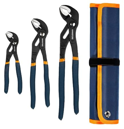 MANUFORE Jeu de Pinces Multiprises 3 Pièces 180/250/300 mm – Réglage Rapide par Bouton, Poignées Antidérapantes, Acier Carbone, avec Sac de Rangement, pour Bricolage & Plomberie