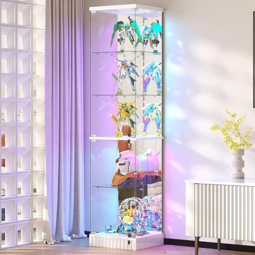Gurexl 5 Tier RGB Glass Display Cabinet with Lockable for Bedroom,White | 67″ Modern Curio Cabinet with Dynamic lighting,Storage Bookcase Cabinet with Glass Door for Study,Living Room,Bedroom