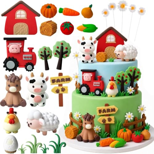 25 Pezzi Cake Topper Animali Fattoria, Decorazioni Torta Tema Fattoria con Trattore, Mucca, Gallina, Decorazioni per Torte Fattoria, Decorazione Torta Animali Fattoria per Festa di Compleanno