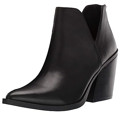 Kathemoi Womens Ankle Boots Slip on Cutout Pointed Toe Snakeskin Chunky Stacked Mid Heel Booties