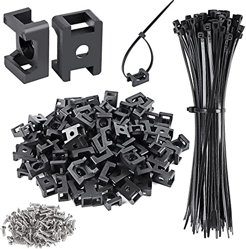 100 Pcs Cable Zip Tie Saddle Type Mounts Base with 8 Cable Ties Tapping Screw, Wire Cable Clips Organizer Holders Clamps Black