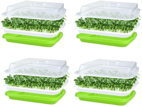 KAHEIGN 4 Pièces Plateaux de Germination de Graines avec Couvercle, 32CM x 26CM Plateau de Germination de Grande Capacité Propagateur Hydroponique Sain sans BPA avec 24 Papiers de Plantation