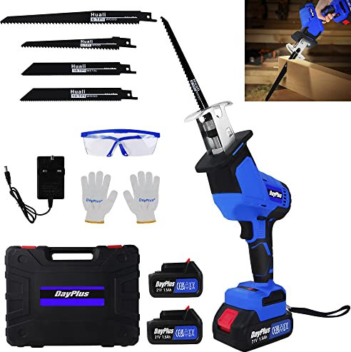 Cordless Powered Reciprocating Saw 21V Brushless Reciprocating Saw Electric Wood Saw with 2× 1.5Ah Batteries,4 Saw Blades,1 Kit Box,0-1900RPM Variable Speed for Metal Wood PVC Pipe Cutting Saw