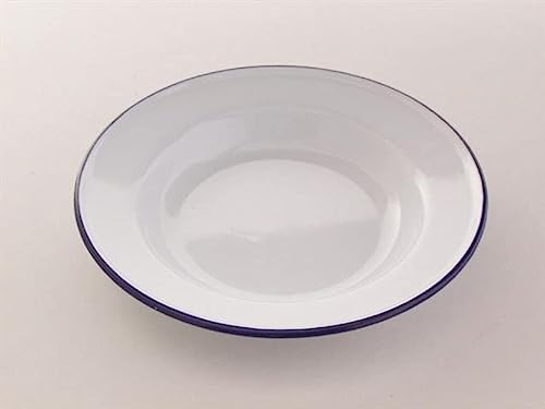 Premium Quality Traditional Enamel White Blue Trim Rice, Pasta, Bowl, Dinner, Round Pie, Soup, Mixing, Deep Dish Tableware Crockery (Soup Plate 22cm)