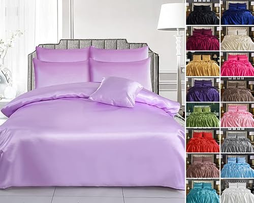 WEAVERS: Luxurious 6-Piece Silky Satin Bedding Set, Smooth & Glossy Finish, Includes Reversible Zipped Duvet Cover, 1 Fitted Sheet, and 4 Pillowcases. (Colour Lilac Size Single)