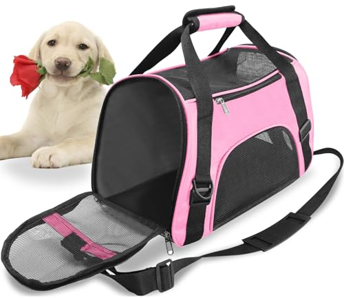 Haustier Reise Tragetasche für Katze Hund Kaninchen Hamster, Flugzeug Genehmigt Weich Seitlich Tragbare Haustier Tasche mit Schultergurt (M - 47x27x28 cm for Max 5KG Pet, Rosa)