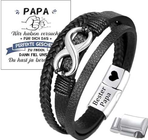Jbniuay Papa Geschenke Vatertagsgeschenk für papa armband Schwarz infinity Leder Armreif Unendlichkeit für Papa vater Magnetverschluss - Vatertagsgeschenk für Papa,graviert “bester papa”