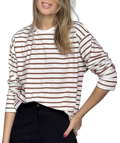 MGizo DtiSpectrum T-Shirt a Maniche Lunghe a Righe da Donna - Girocollo Classica, Vestibilità Ampia ed Elasticizzata in Cotone per L'autunno 2024