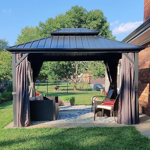 PURPLE LEAF Tonnelle de Jardin Exterieur 3,65 x 3 m, Pavillon Aluminium à Double Toit Rigide en Acier Galvanisé, Pergola de Jardin avec Rideaux et Moustiquaire pour Camping, Fête, Barbecue, Gris