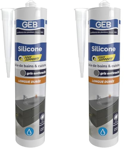GEB Mastic silicone tous supports couleur gris anthracite pour l'étanchéité sanitaire. Anti-moisissures, sans odeur et longue durée - 280 ml (Lot de 2)