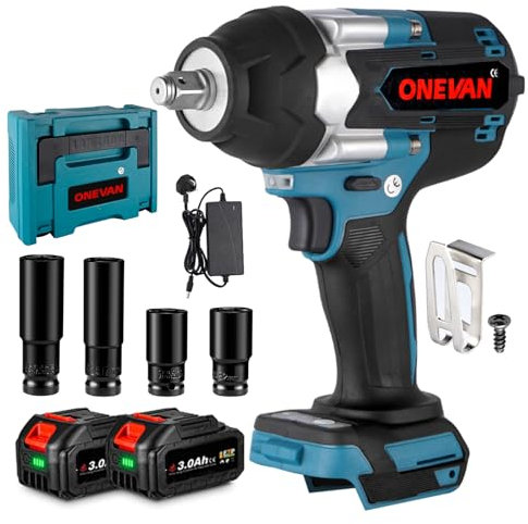 ONEVAN Cordless Impact Gun - Electric Wrench Brushless Motor Impact Gun 520W (1000NM) with 2x3.0Ah Batteries and Fast Charger, Impact Wrench for Tyre Change