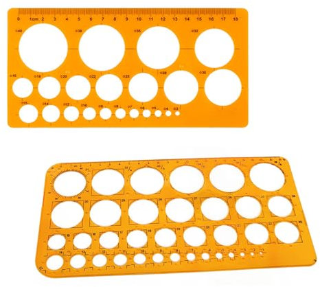2 Stück Kreisschablone Transparent Orange,Lochschablone Radienschablonen,Zeichenschablone mit 36 Kreisen & 22 Kreisen für Technisches Zeichnen,Quilling & Bauzeichnungen,Kreiszeichner für Schule,Büro