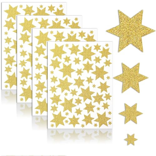 4 Stk. Sterne Sticker Aufkleber, Glitzer Sticker Gold Weihnachtssticker, Geschenkdeko Basteln Glänzend in Gold, Selbstklebend für Scrapbooking, Adventskalender Weihnachtsdeko Geschenk Aufkleber