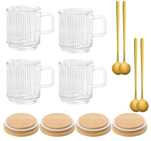 DYUEE Classic Striped Glass Coffee Cups with Lids & Spoons, 4PCS Transparent Water Cup 350ml - Transparent Cups for Hot & Cold Beverages - Latte, Tea, Milk, Juice