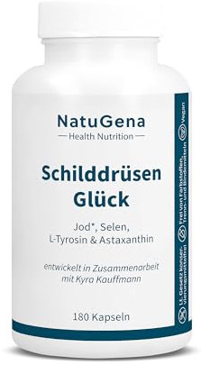 NatuGena SchilddrüsenGlück, 250 μg Jod & 100 μg Selen, 250 mg L-Tyrosin & 1 mg Astaxanthin pro Kapsel, 180 Kapseln (6 Monats Packung)
