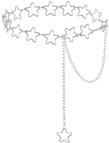 Larrel Ceinture étoile pour femme - En métal - Avec étoile creuse - 100 cm de long - Réglable - Avec chaîne d'extension de 50 cm - Ceinture décorative, argenté, 120 cm
