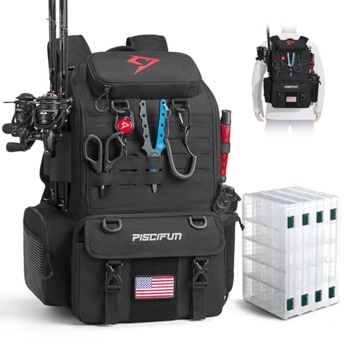 Piscifun 52L Fishing Tackle Backpack with Rod Holders & 4 Tackle Boxes, Water-Resistant Large Tackle Bag for Fishing Gear Storage with Rain Cover, Black