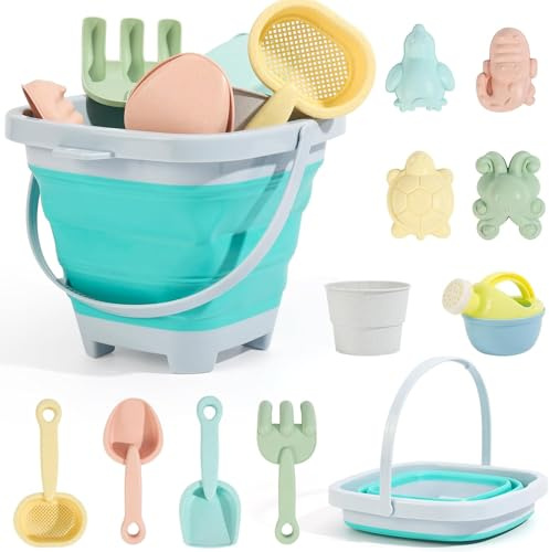 NIWWIN Ensemble de jouets de plage pliables de 11 pièces pour enfants – Seau pliable, moules à sable, pelles et sac en maille, kit de jeu côtier d'été pour s'amuser en Europe sur la plage