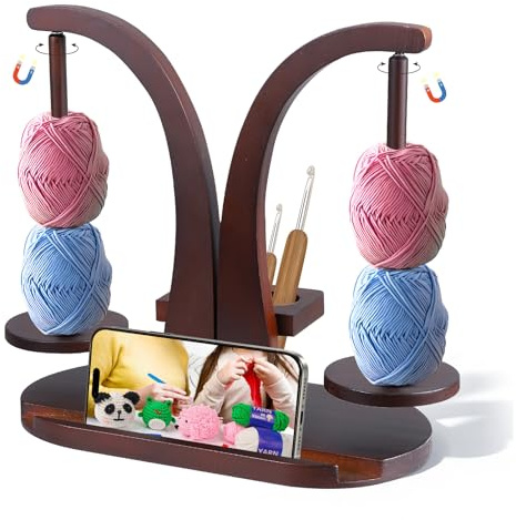 Avvolgitore magnetico in legno - Supporto doppio per filati con organizer per accessori da lavoro a maglia - Porta gomitoli per uncinetto e maglia - Salvaspazio e girevole