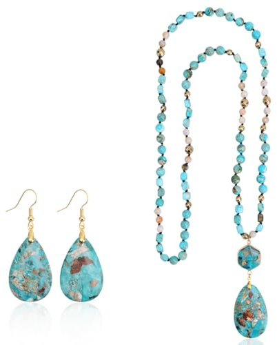 Vintage Turkosa Smycken Set för Kvinnor, Handgjorda Lång Pärlhalsband Turkosa Halsband Oval Vattendropps Örhängen Boho Stil Smycken för Fest Semester