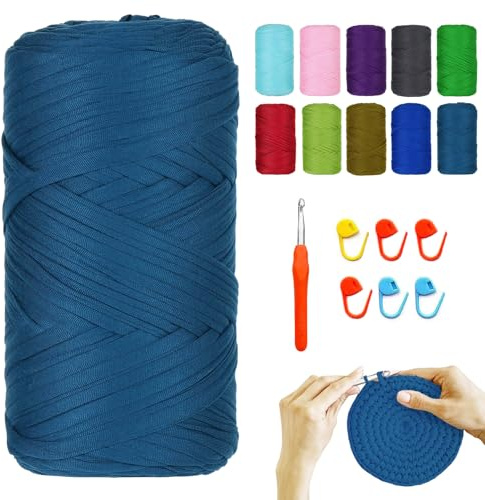YushengTai Fettuccia, 400G/120M Fettuccia per Uncinetto con Aghi da 9,0 mm 6 Supporti, Filati per Borse Uncinetto Per Borse, Cestini, Coperte, Decorazioni per la Casa（Blu Jeans）