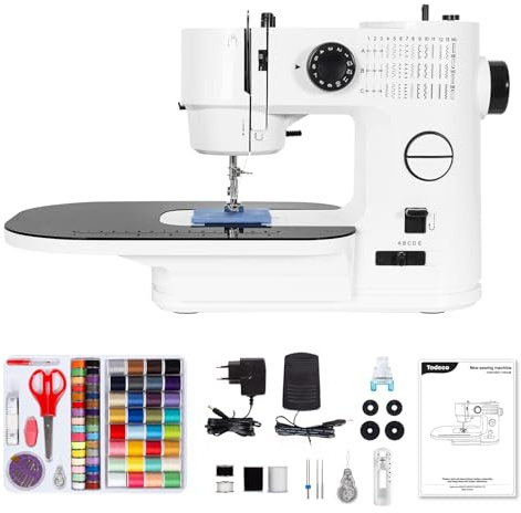 Todeco Máquina de Coser Eléctrica, Mesa Extraíble, 39 Puntadas, Aguja Doble e Hilo Doble, Luz LED, Maquina de Coser Portatil con Pedal, Kit de Costura Completo, para Principiantes y Expertos