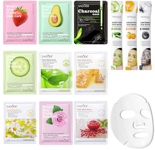 12 Pezzi Maschera Viso Idratante, Maschere per il Viso, Maschere Viso in Tessuto, con Frutta ed Estratti Vegetali, Idratante, Lenitivo, Rassodante, Nutriente, per Tutti i Tipi di Pelle
