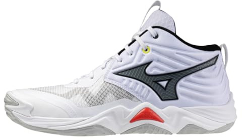 Mizuno Wave Momentum Elite Mid, volleybollskor, vit/svart, energidämpning, avancerad stabilitet