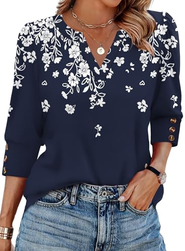 WIHOLL Womens Summer Tops Ladies 3/4 Sleeve Blouses V Neck T Shirts for Women Casual Office Wear