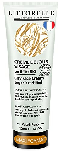 Crema Viso Giorno Certificata Bio 100ml – 99% Origine Naturale - Pelle Secca e Sensibile con Acqua d'Orzo Biologica, Camomilla, Olio di Mandorle Dolci, Aloe Vera, Miele - Made in France - Uomo e Donna