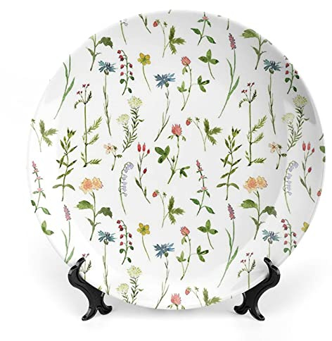 XISUNYA 6 Inch Decorative Plate, Floral Dinner Plate, Spring Season Watercolors Herbs Flowers Garden Print Ceramic Display Plate for Decorative Ornaments Giving Plates, 1 Plate with 1 Display Stand