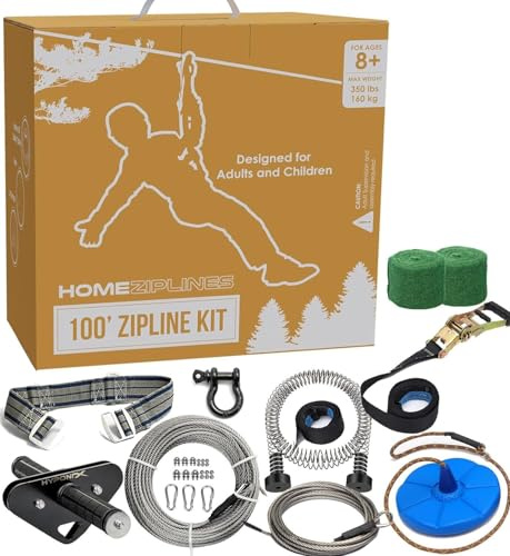 Hyponix Zip Line Kit for Kids & Adults 100 Ft, Backyard Zipline for Outdoor — 350lb Capacity, 1/4 Stainless Steel Cable, 7.5' Spring Brake, Ratchet System, Cushioned Seat, Gifts for Kids
