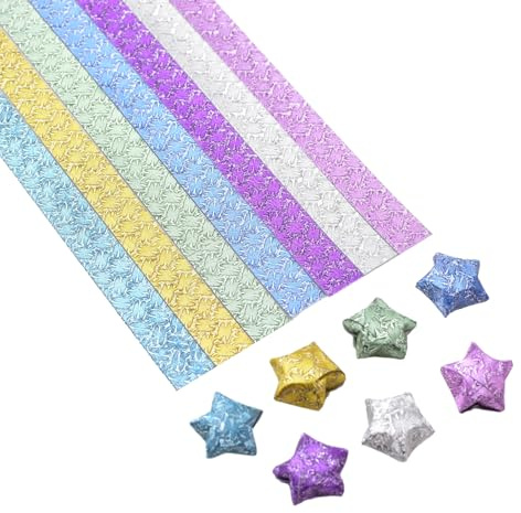 URROMA 210 st oregelbundna glänsande pappersremsor, 7 färger hantverk vikbara lyckoremsor Origami stjärnor pappersremsor för hantverk hopfällbar skolundervisning gör-det-själv konstprojekt