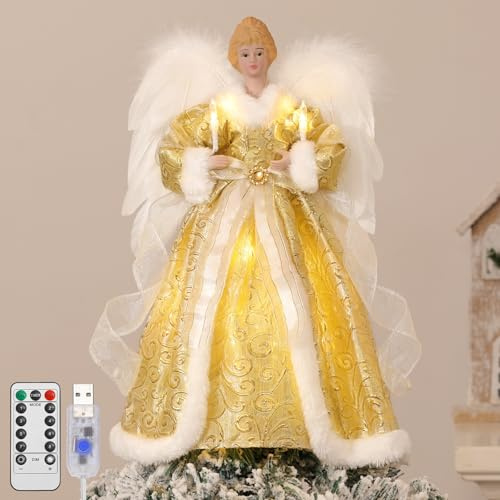 Lewondr Árbol de Navidad Ornamento Ángel, 12 Pulgadas Árbol de Navidad Ángel con 8 Luces, Mando a Distancia y USB Operado Ángel Árbol con Alas, Temporizador 6H Decoración del Árbol de Navidad, Oro