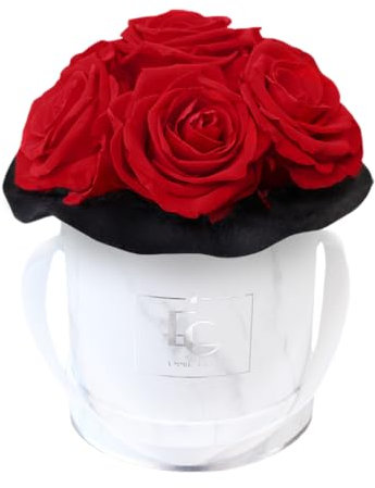 EG EMMIE GRAY Splendid Infinity Rosebox | Round | XS | Marble Silver – Mind. 7 Infinity rosor med lång hållbarhet, riktiga rosor som blommar upp till 3 år, konserverade rosor (klarröd)