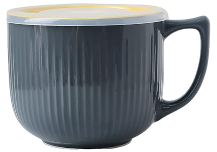 Accmuzzy Soup Mug 900mL with Handle & Lid, Ceramic Large Soup Bowl, Microwave Safe Porridge Bowl for Ramen, Noodle, Oatmeal, Cereal, Salad & Breakfast (Dark Grey)