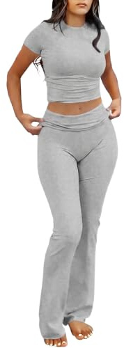 IWOLLENCE Loungewear Sets for Women UK Two Piece Outfit Short Sleeve Crop Top and High Elastic Waist Wide Leg Trousers Co Ord Set (Light Gray, XS)