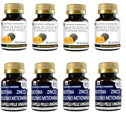 Semi di Zucca 280 Softgels con Olio Spremuto ricco in Omega 3, 6, 9 + Biotina Zinco Selenio Metionina 1600 Compresse Capelli Pelle Unghie
